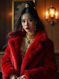 beautiful woman as a mobster, mafia, mafia outfit, faux fur coats, chunky gold jewelry, mafia aesthetic, flashy, glamorous, luxury, loud, Goodfellas, The Sopranos, Mob Wives, opulence, confidence