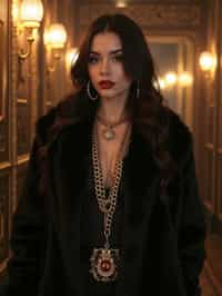 beautiful woman as a mobster, mafia, mafia outfit, faux fur coats, chunky gold jewelry, mafia aesthetic, flashy, glamorous, luxury, loud, Goodfellas, The Sopranos, Mob Wives, opulence, confidence