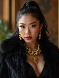 beautiful woman as a mobster, mafia, mafia outfit, faux fur coats, chunky gold jewelry, mafia aesthetic, flashy, glamorous, luxury, loud, Goodfellas, The Sopranos, Mob Wives, opulence, confidence