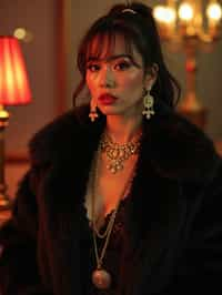 beautiful woman as a mobster, mafia, mafia outfit, faux fur coats, chunky gold jewelry, mafia aesthetic, flashy, glamorous, luxury, loud, Goodfellas, The Sopranos, Mob Wives, opulence, confidence