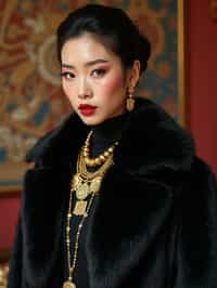 beautiful woman as a mobster, mafia, mafia outfit, faux fur coats, chunky gold jewelry, mafia aesthetic, flashy, glamorous, luxury, loud, Goodfellas, The Sopranos, Mob Wives, opulence, confidence