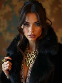 beautiful woman as a mobster, mafia, mafia outfit, faux fur coats, chunky gold jewelry, mafia aesthetic, flashy, glamorous, luxury, loud, Goodfellas, The Sopranos, Mob Wives, opulence, confidence