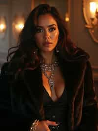 beautiful woman as a mobster, mafia, mafia outfit, faux fur coats, chunky gold jewelry, mafia aesthetic, flashy, glamorous, luxury, loud, Goodfellas, The Sopranos, Mob Wives, opulence, confidence