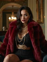 beautiful woman as a mobster, mafia, mafia outfit, faux fur coats, chunky gold jewelry, mafia aesthetic, flashy, glamorous, luxury, loud, Goodfellas, The Sopranos, Mob Wives, opulence, confidence