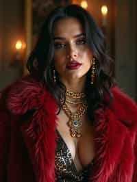 beautiful woman as a mobster, mafia, mafia outfit, faux fur coats, chunky gold jewelry, mafia aesthetic, flashy, glamorous, luxury, loud, Goodfellas, The Sopranos, Mob Wives, opulence, confidence