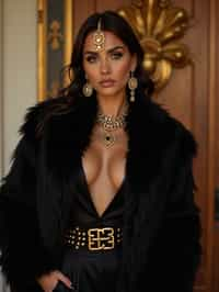 beautiful woman as a mobster, mafia, mafia outfit, faux fur coats, chunky gold jewelry, mafia aesthetic, flashy, glamorous, luxury, loud, Goodfellas, The Sopranos, Mob Wives, opulence, confidence