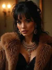 beautiful woman as a mobster, mafia, mafia outfit, faux fur coats, chunky gold jewelry, mafia aesthetic, flashy, glamorous, luxury, loud, Goodfellas, The Sopranos, Mob Wives, opulence, confidence