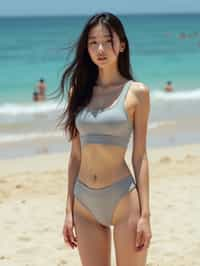 woman in one-piece swimsuit  on a beach volleyball court, ready to serve