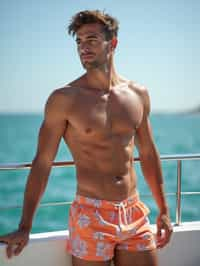 man in  swim shorts on a yacht, enjoying the sun and sea