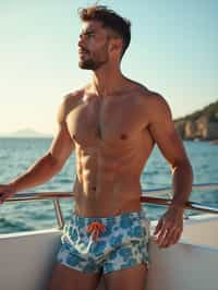 man in  swim shorts on a yacht, enjoying the sun and sea