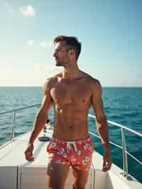 man in  swim shorts on a yacht, enjoying the sun and sea