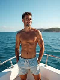 man in  swim shorts on a yacht, enjoying the sun and sea