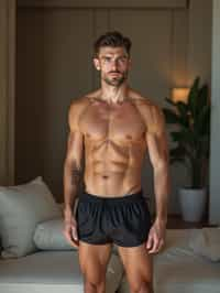 a medium portrait of a man wearing  black silk swim shorts in luxury villa living room, instagram photo,  fit body futuristic bikini