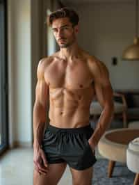 a medium portrait of a man wearing  black silk swim shorts in luxury villa living room, instagram photo,  fit body futuristic bikini