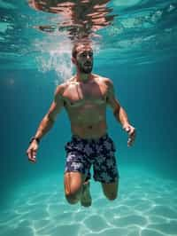 man in  swim shorts underwater, showcasing athletic ability