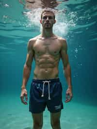 man in  swim shorts underwater, showcasing athletic ability