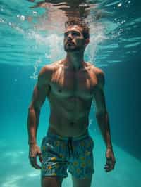 man in  swim shorts underwater, showcasing athletic ability