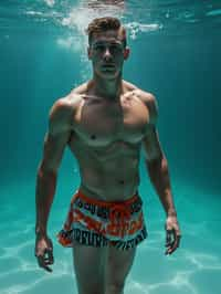 man in  swim shorts underwater, showcasing athletic ability