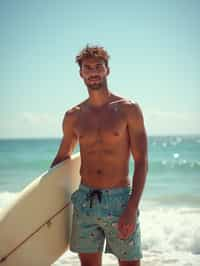 man in  board shorts with surfboard on the beach, ready to ride the waves