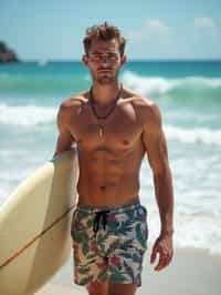 man in  board shorts with surfboard on the beach, ready to ride the waves