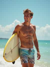 man in  board shorts with surfboard on the beach, ready to ride the waves