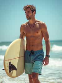 man in  board shorts with surfboard on the beach, ready to ride the waves