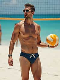 man in  swim trunks on a beach volleyball court, ready to serve