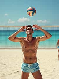 man in  swim trunks on a beach volleyball court, ready to serve