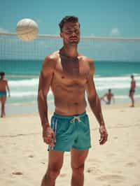 man in  swim trunks on a beach volleyball court, ready to serve