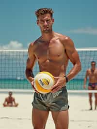 man in  swim trunks on a beach volleyball court, ready to serve