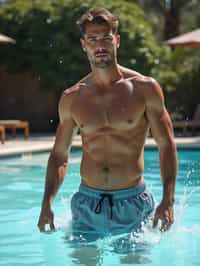 man in  swim shorts by the poolside, making a splash