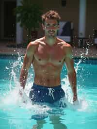 man in  swim shorts by the poolside, making a splash