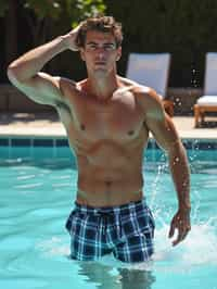 man in  swim shorts by the poolside, making a splash