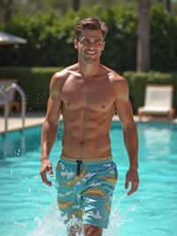 man in  swim shorts by the poolside, making a splash