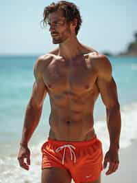 man in  swim shorts on the beach, wet hair,   men's health fitness magazine photos