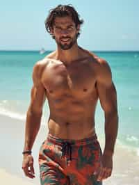 man in  swim shorts on the beach, wet hair,   men's health fitness magazine photos