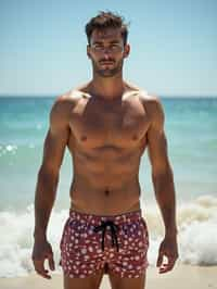 man in  swim shorts on the beach, wet hair,   men's health fitness magazine photos