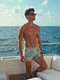 man in  swim shorts on a yacht, enjoying the sun and sea