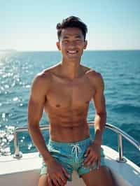 man in  swim shorts on a yacht, enjoying the sun and sea