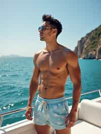 man in  swim shorts on a yacht, enjoying the sun and sea