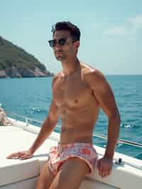 man in  swim shorts on a yacht, enjoying the sun and sea