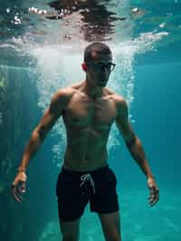 man in  swim shorts underwater, showcasing athletic ability