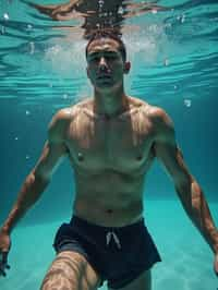 man in  swim shorts underwater, showcasing athletic ability