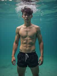 man in  swim shorts underwater, showcasing athletic ability