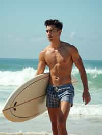 man in  board shorts with surfboard on the beach, ready to ride the waves