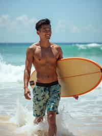 man in  board shorts with surfboard on the beach, ready to ride the waves