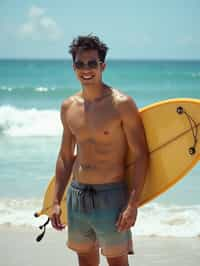 man in  board shorts with surfboard on the beach, ready to ride the waves