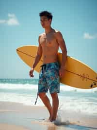 man in  board shorts with surfboard on the beach, ready to ride the waves