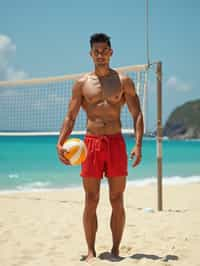 man in  swim trunks on a beach volleyball court, ready to serve