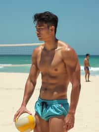 man in  swim trunks on a beach volleyball court, ready to serve